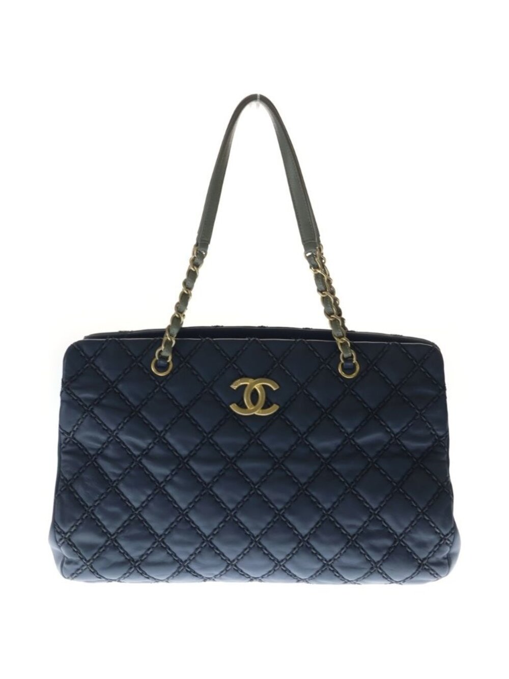 Chanel Wild Stitch Quilted Leather Chain Shoulder Tote Bag Gold Navy 19